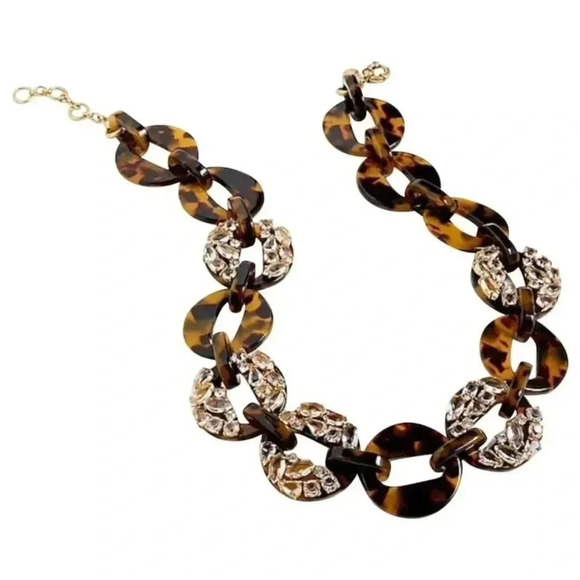 NWT J. Crew Tortoise And Rhinestone/Crystal Link Adjustable Statement Necklace - Picture 1 of 8